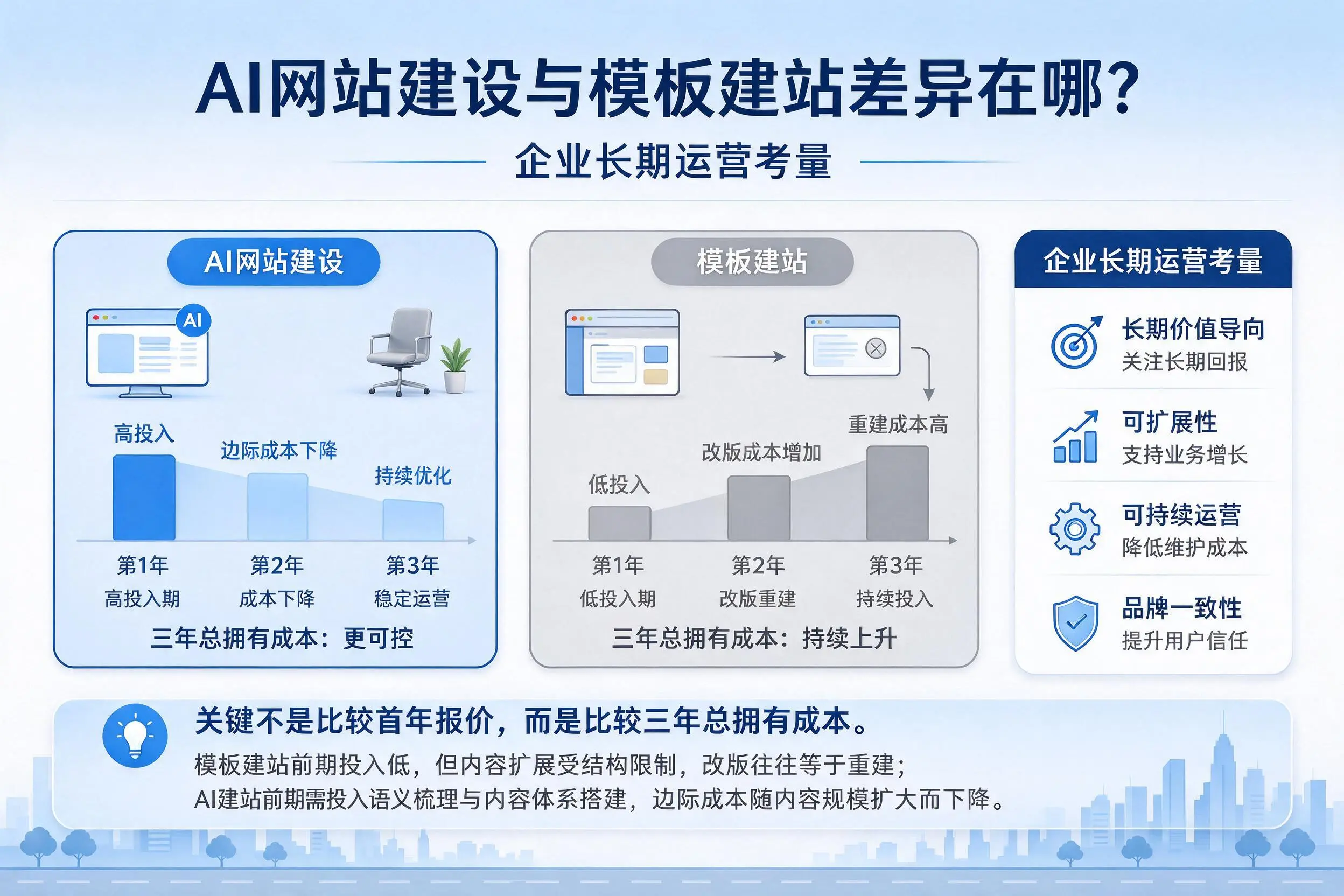 AI网站建设与模板建站差异在哪？铁岭企业长期运营考量